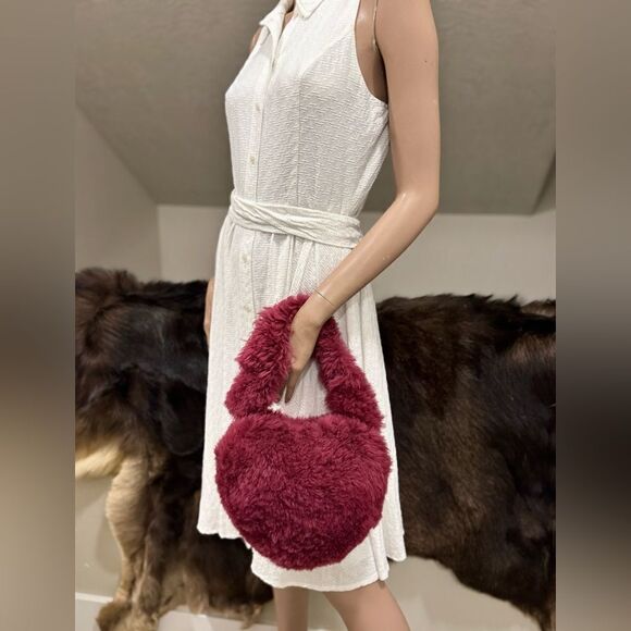 Maroon Handmade Dyed Genuine Shearling Heart Shaped & Fur Strap Bag, Crossbody - Picture 2 of 16